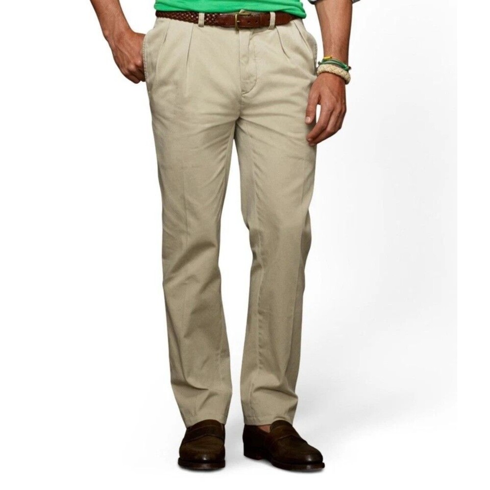 Polo Ralph Lauren Ethan Pants Men Khaki Tan Pleated Cotton Chinos Sz 38x32 90s